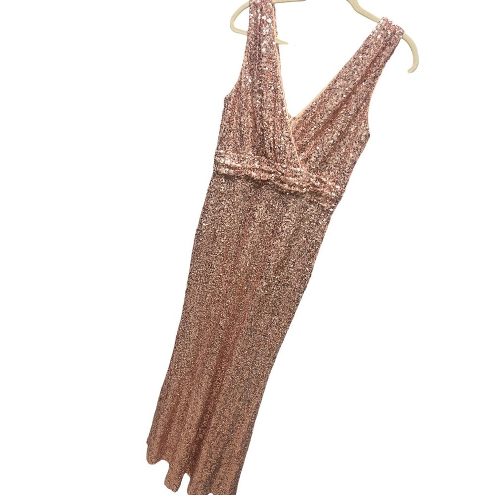 Belle Badgley Mischka Rose Gold Sequin Formal Evening Gown - Picture 3 of 10